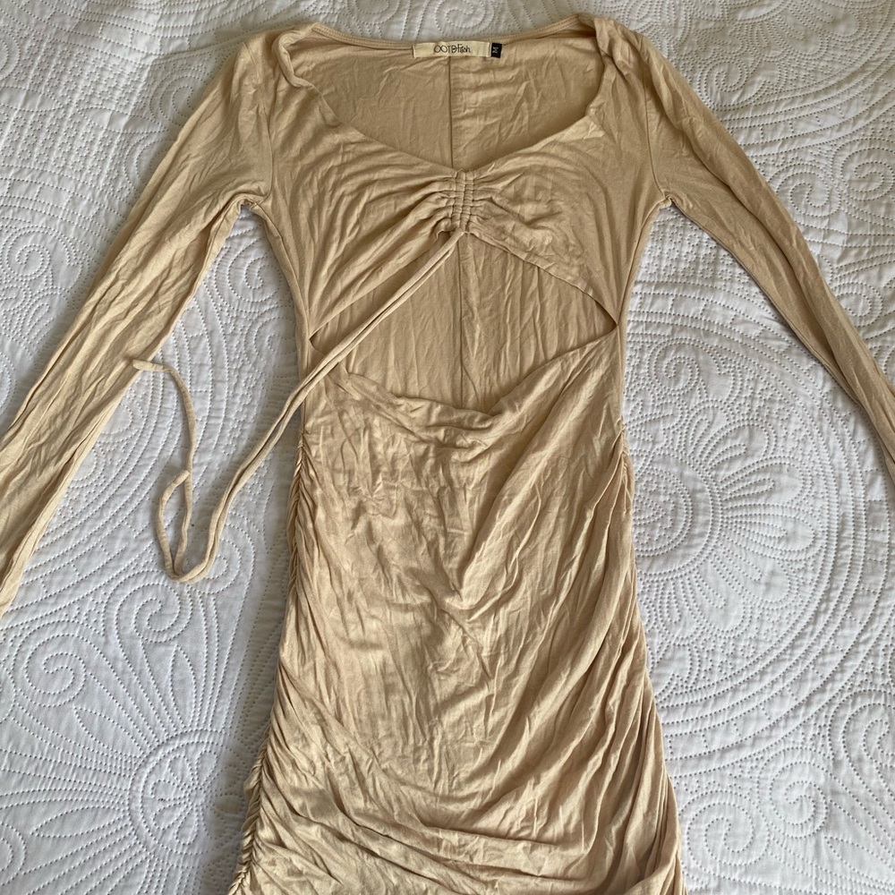 OOTDFash Beige Long Sleeve Ruched Dress